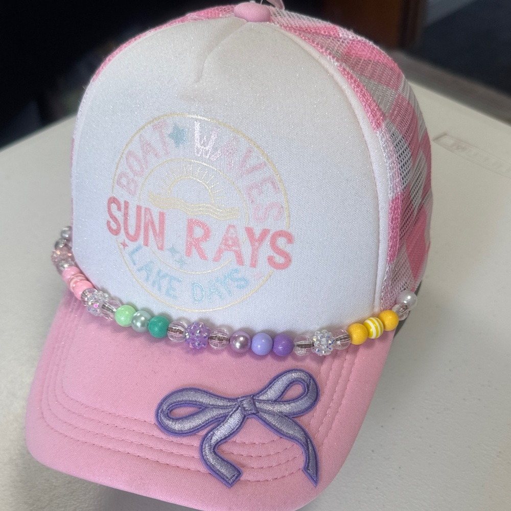 Pink and White Trucker Hat with Beaded Band